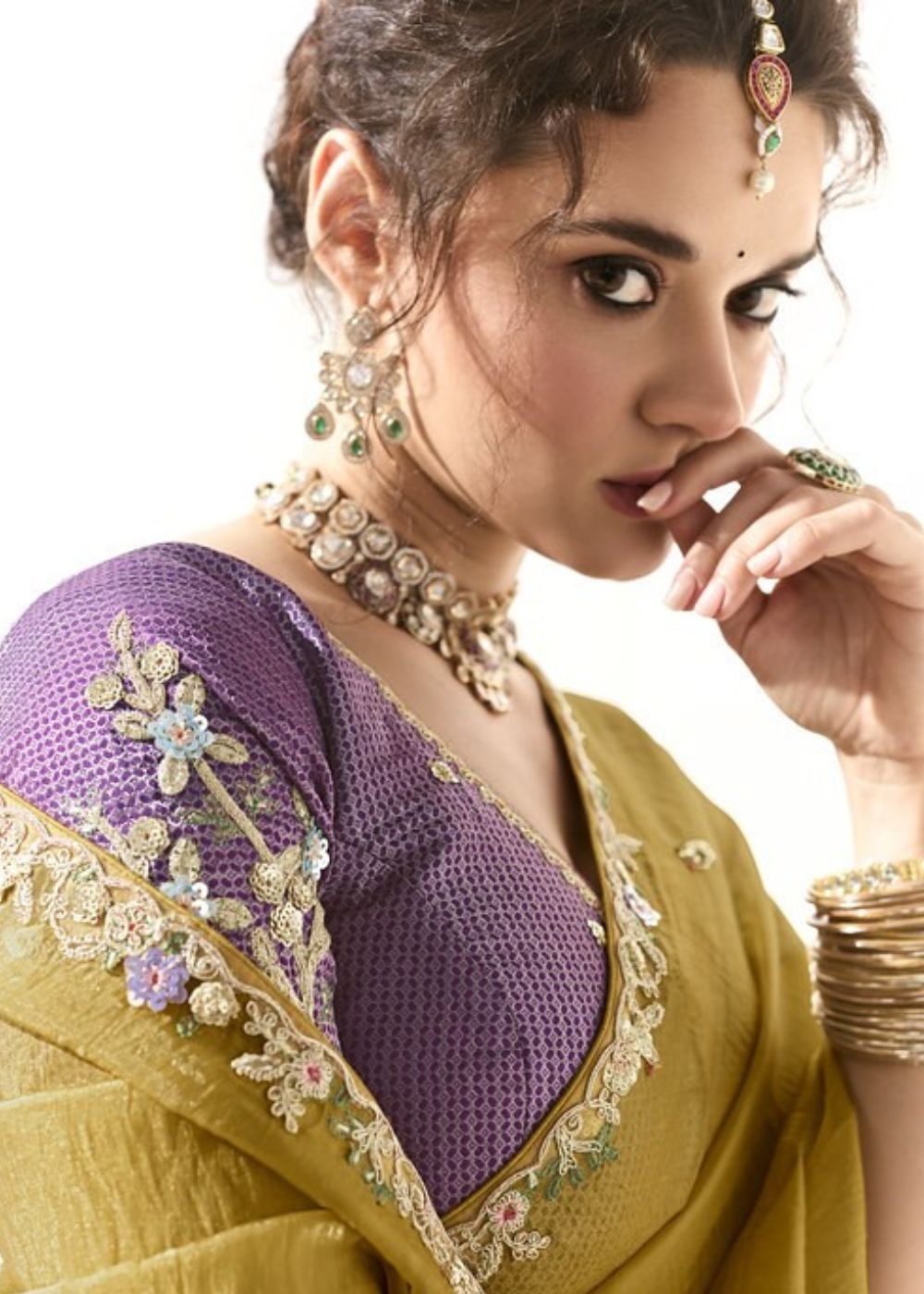 Kanaka Rekha-Mustard Yellow Organza Tissue with Heavy Butta & Border Silk Saree