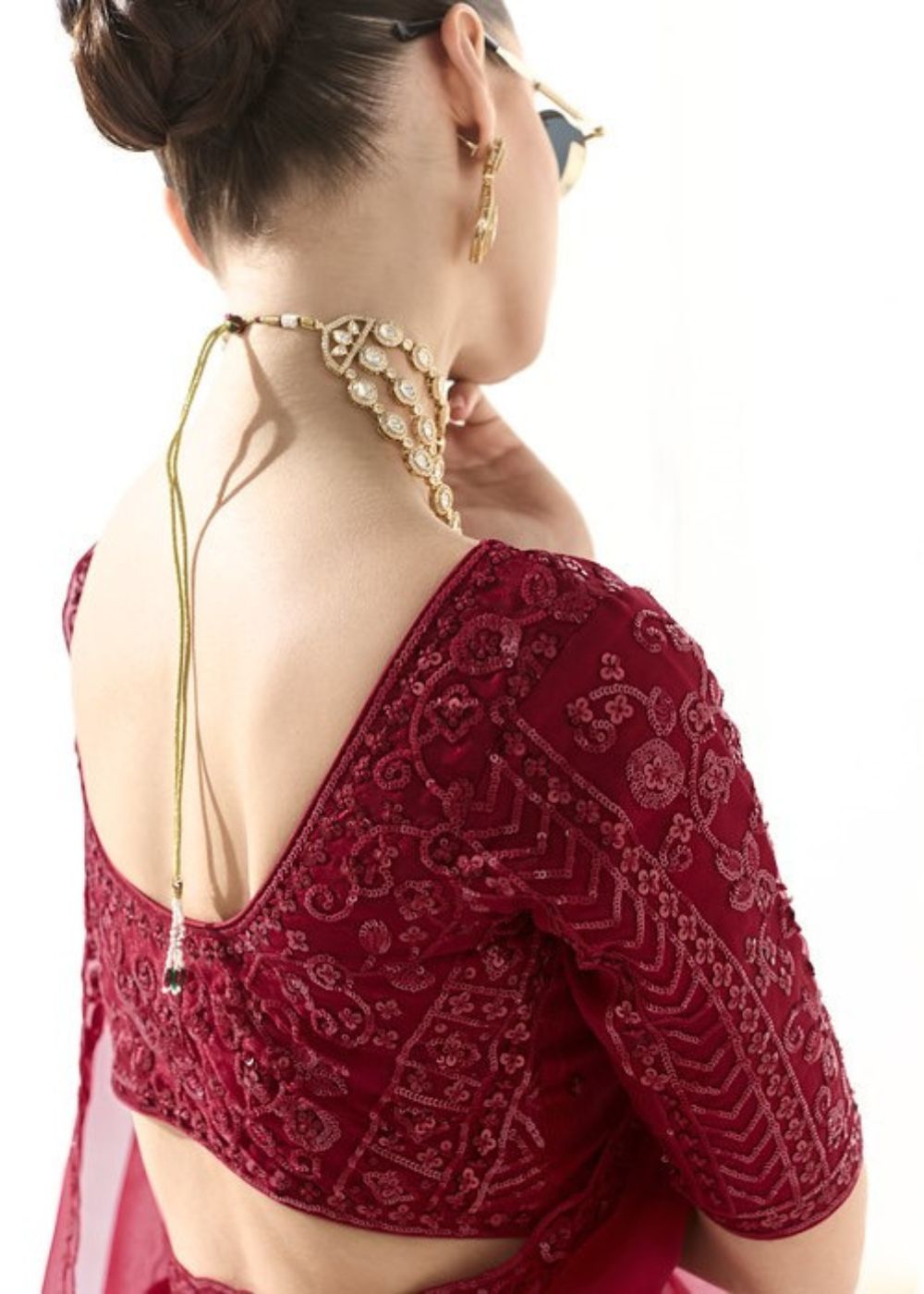 Kumudini – Deep Magenta Organza Tissue Saree with Butta Work