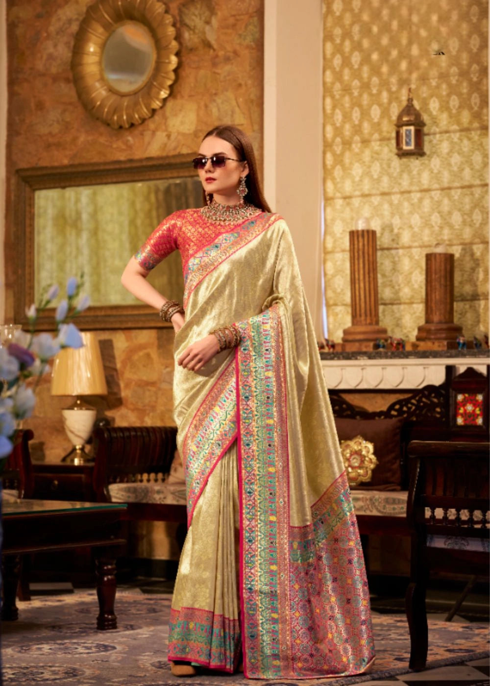 Champagne Gold Tissue Silk Saree with Designer Contrast Border & Pallu