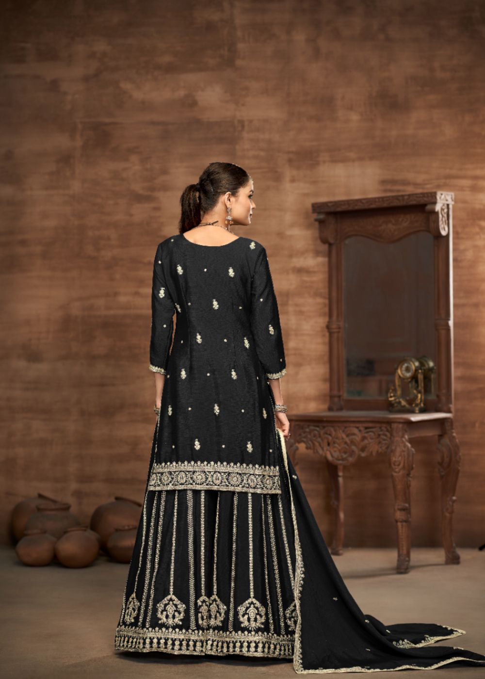 Royal Black - Designer Chinon Silk Suit Set : Ethnic