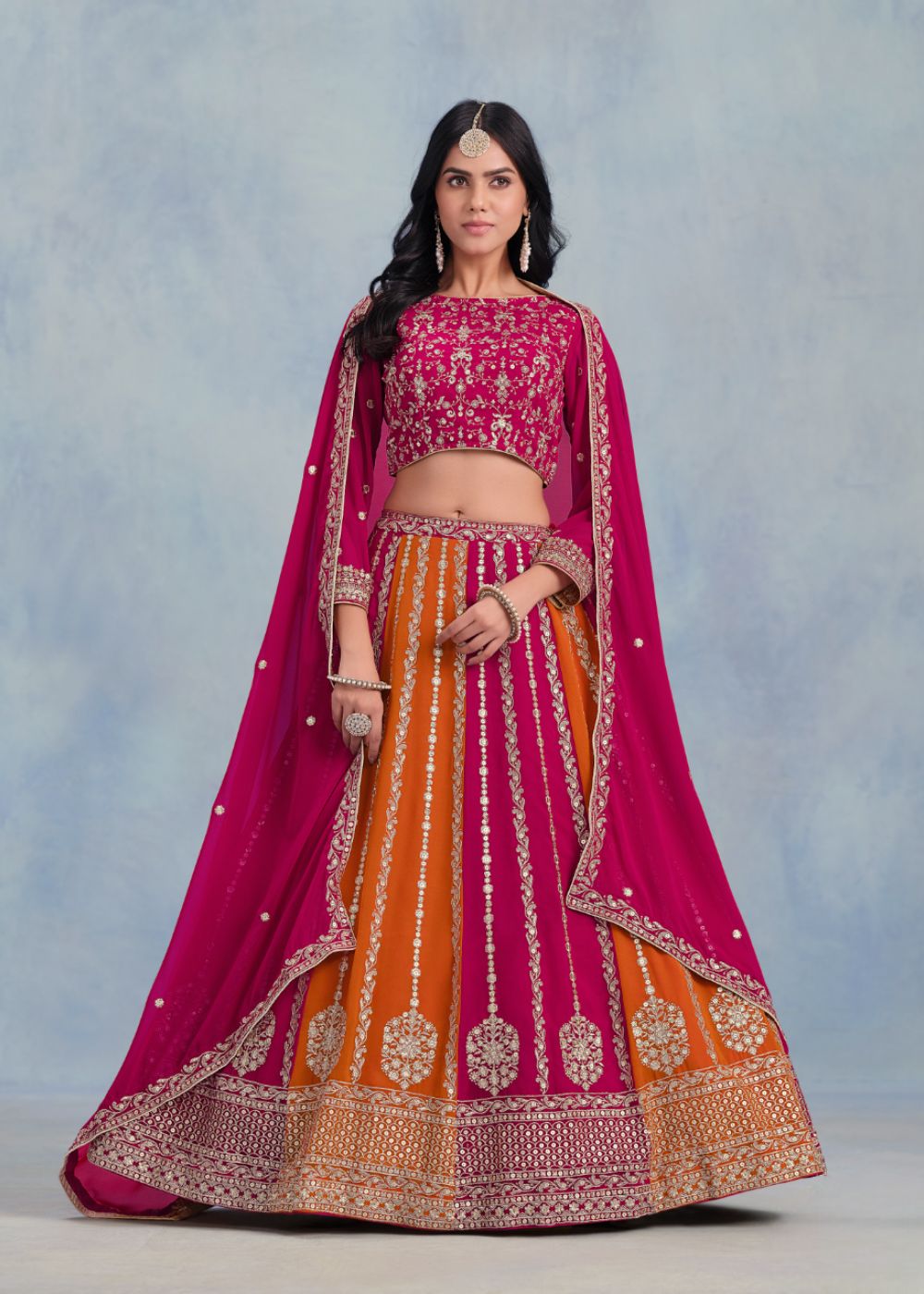 Radiant Magenta & Saffron Embroidered Georgette Lehenga Set