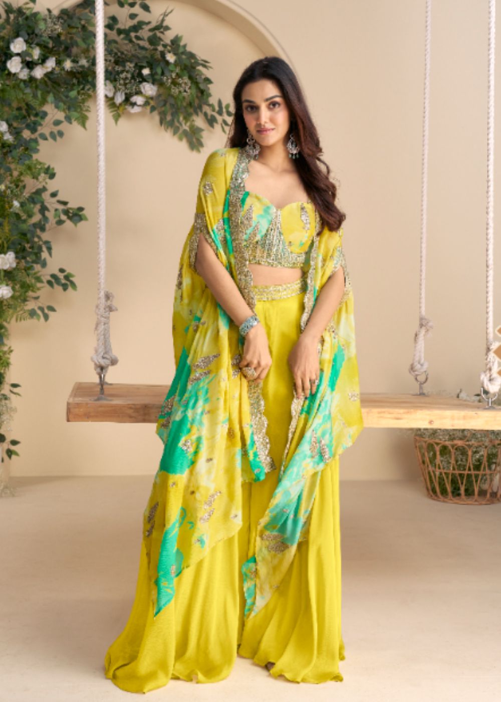 Lime Yellow Palazzo Set with Aqua Green Floral Shrug