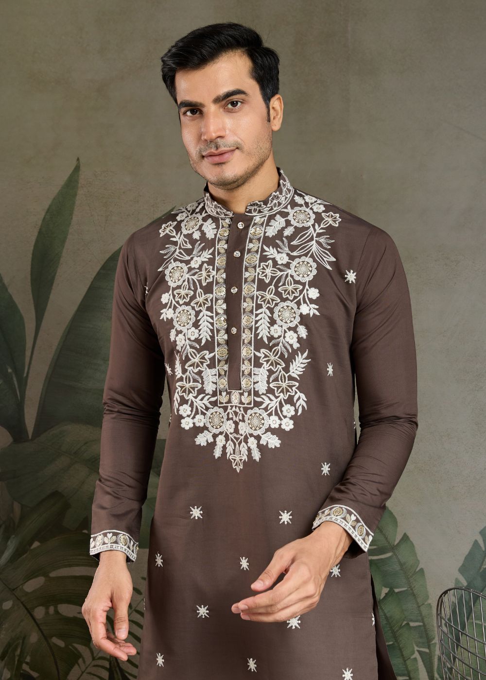 Chocolate Grey Rayon Kurta with Heritage Thread Work: Top Style Pick