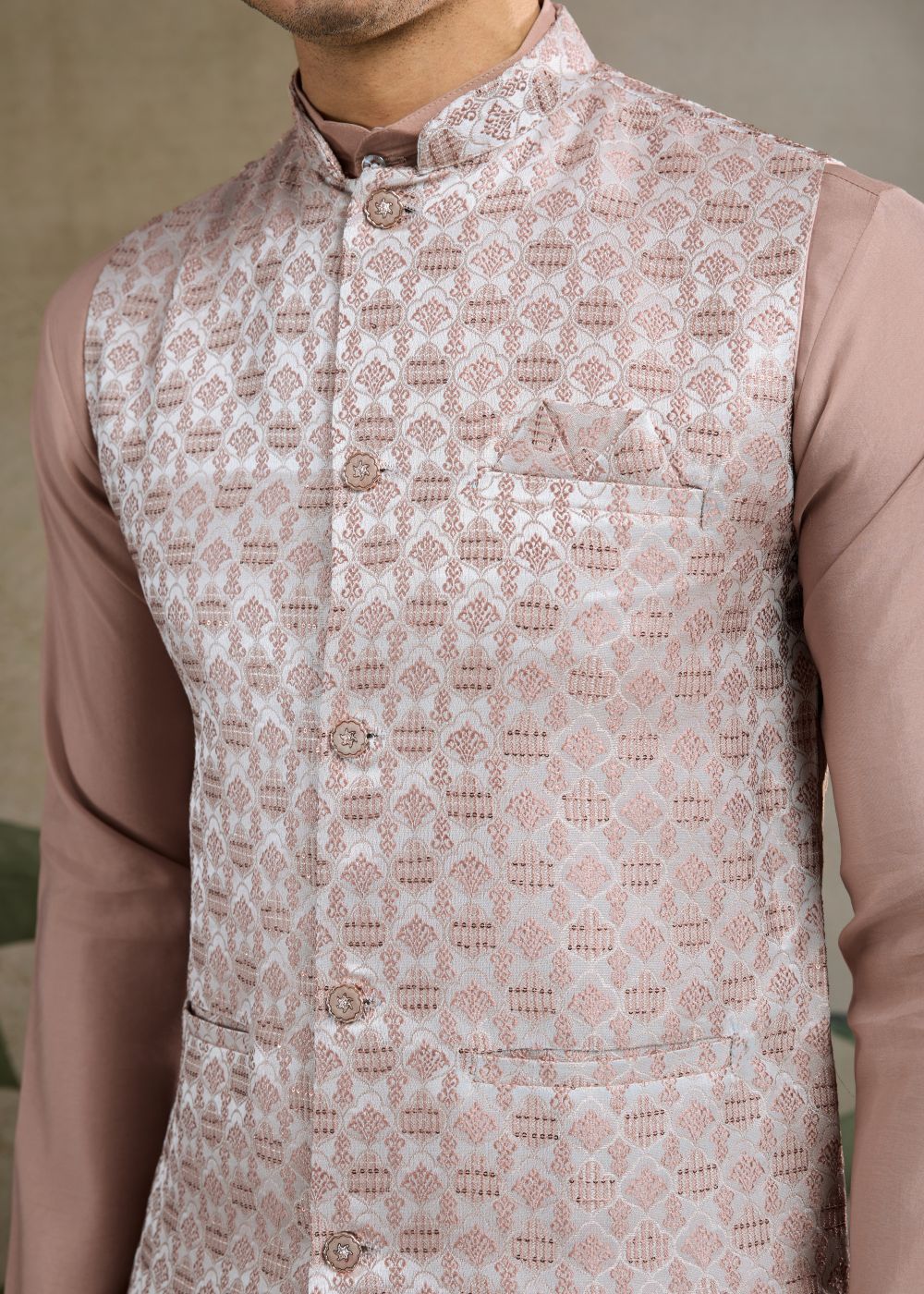 Rose Dust Royalty – Blush Beige Kurta with Designer Jacquard Silk Jacket