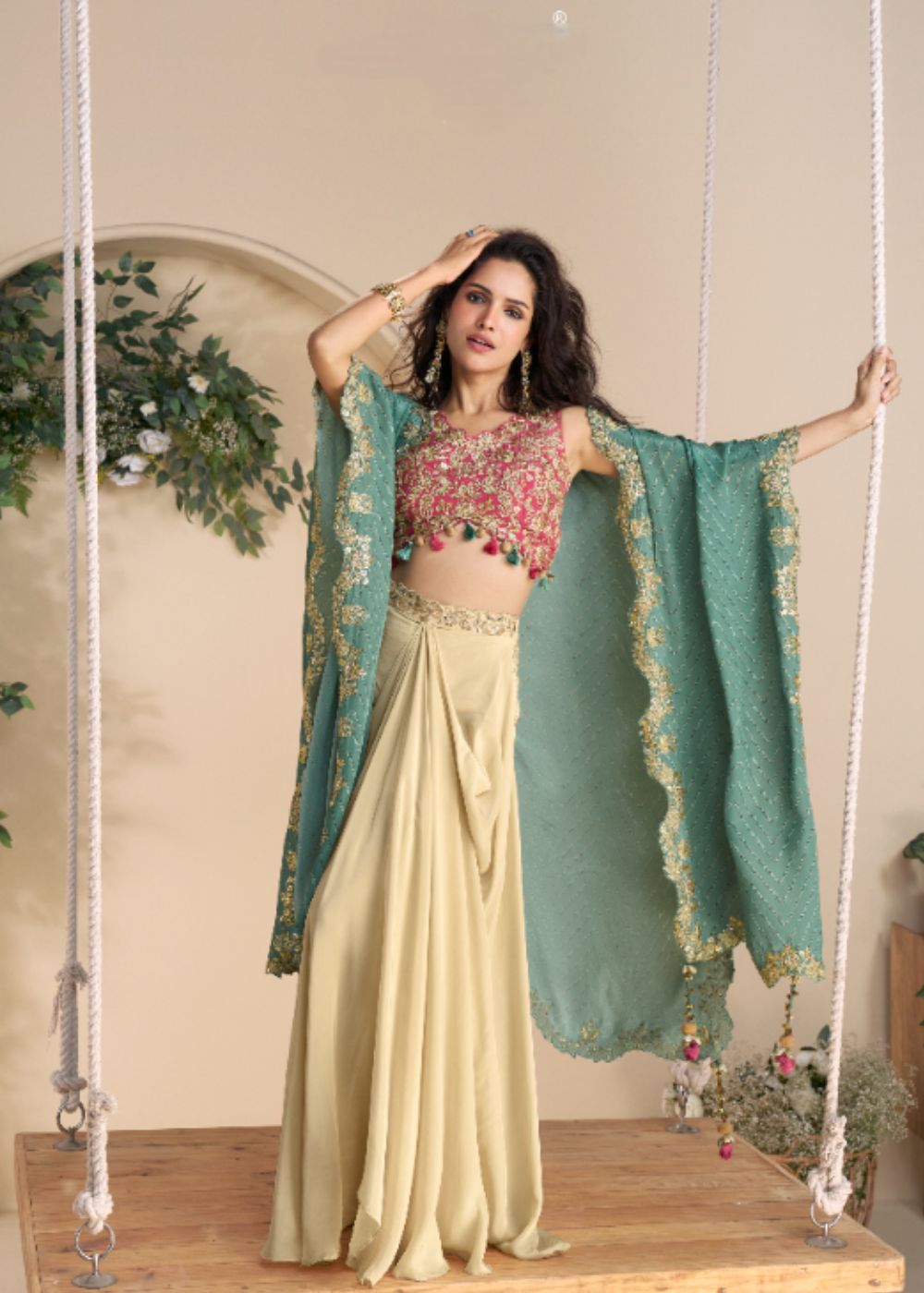 Pastel Yellow Draped Palazzo Set with Emerald Green Embroidered Shrug