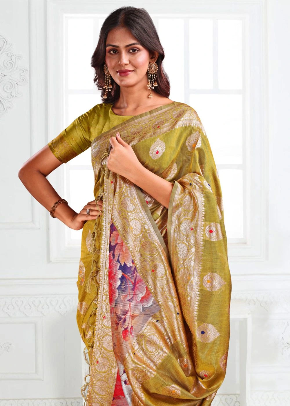 Mustard Marigold Linen Cotton Saree with Zari Paisley Butta & Blooming Pallu Design