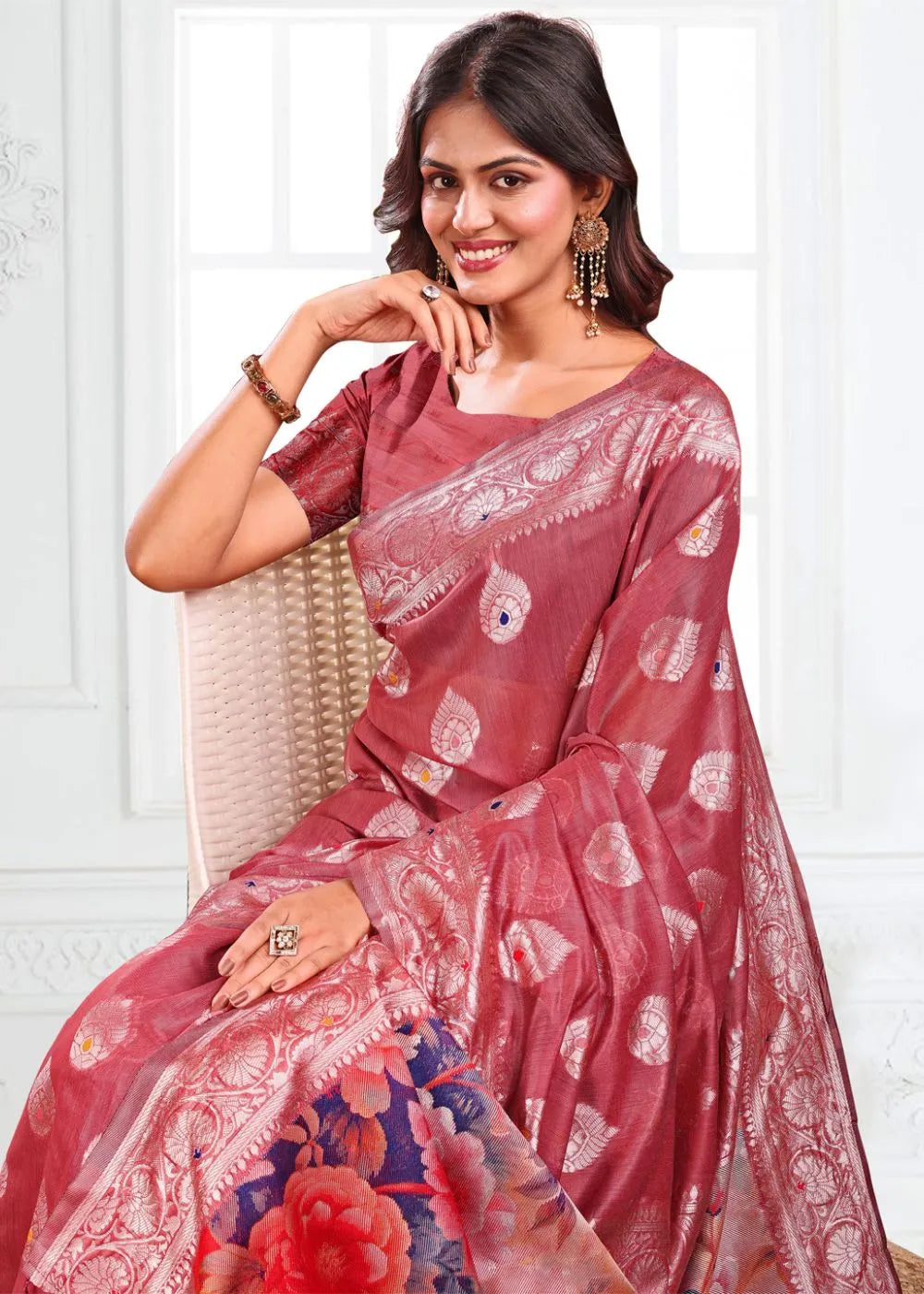 Crimson Rose Linen Cotton Saree with Paisley Woven Motifs & Floral Printed Pallu