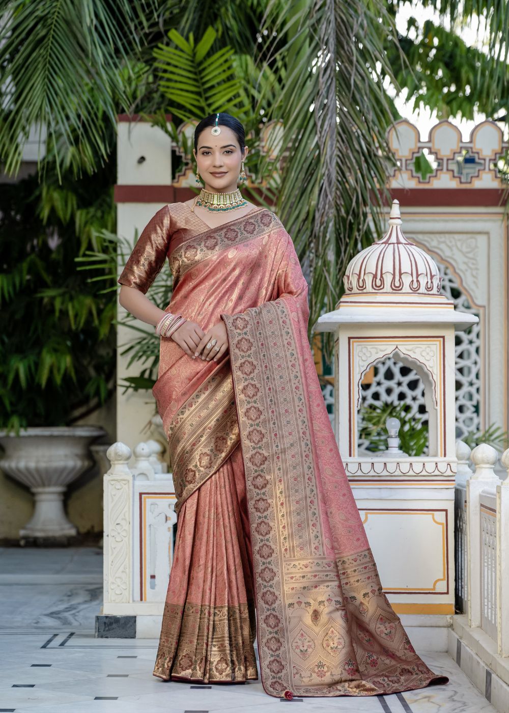 Rose Copper Grace-Soft Zari & Meenakari Woven (Jaal & Kairi Pattern) all over Saree, Patta & Pallu