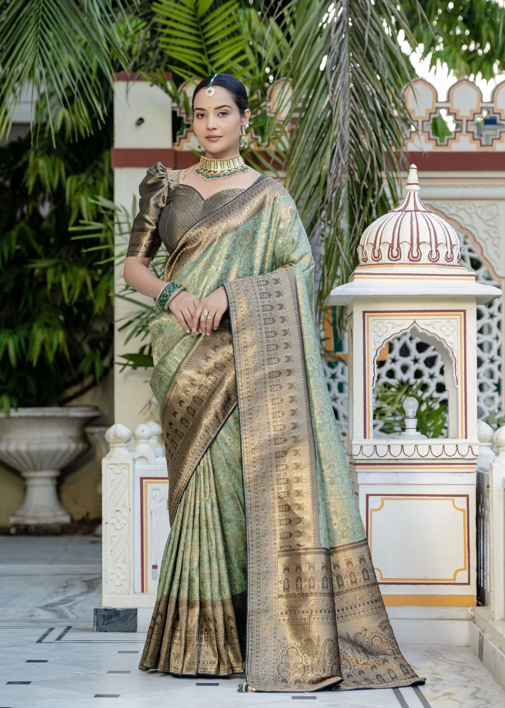 Mint Gold Elegance-Soft Zari & Meenakari Woven (Jaal & Kairi Pattern) all over Saree, Patta & Pallu