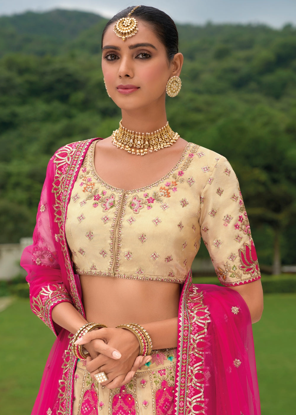 Fuchsia Pink Heavy Silk Lehenga with Khatli Embroidery