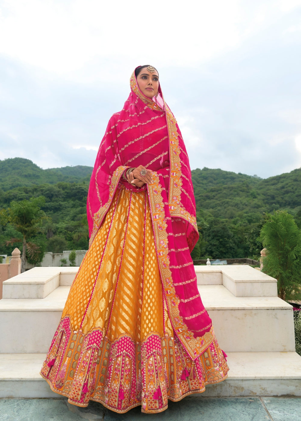 Marigold Yellow & Red Combo Heavy Silk Lehenga with Khatli Embroidery