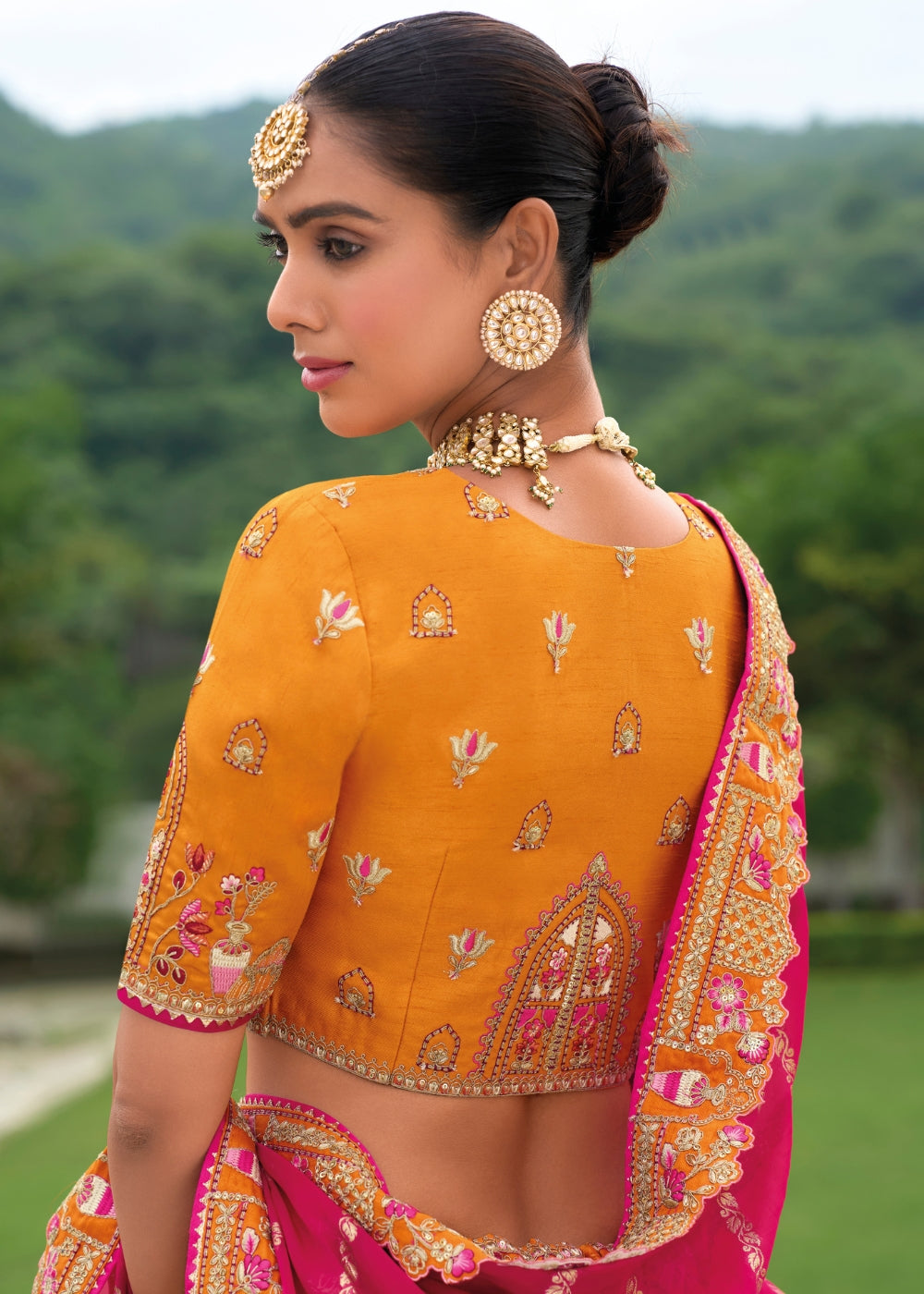 Marigold Yellow & Red Combo Heavy Silk Lehenga with Khatli Embroidery