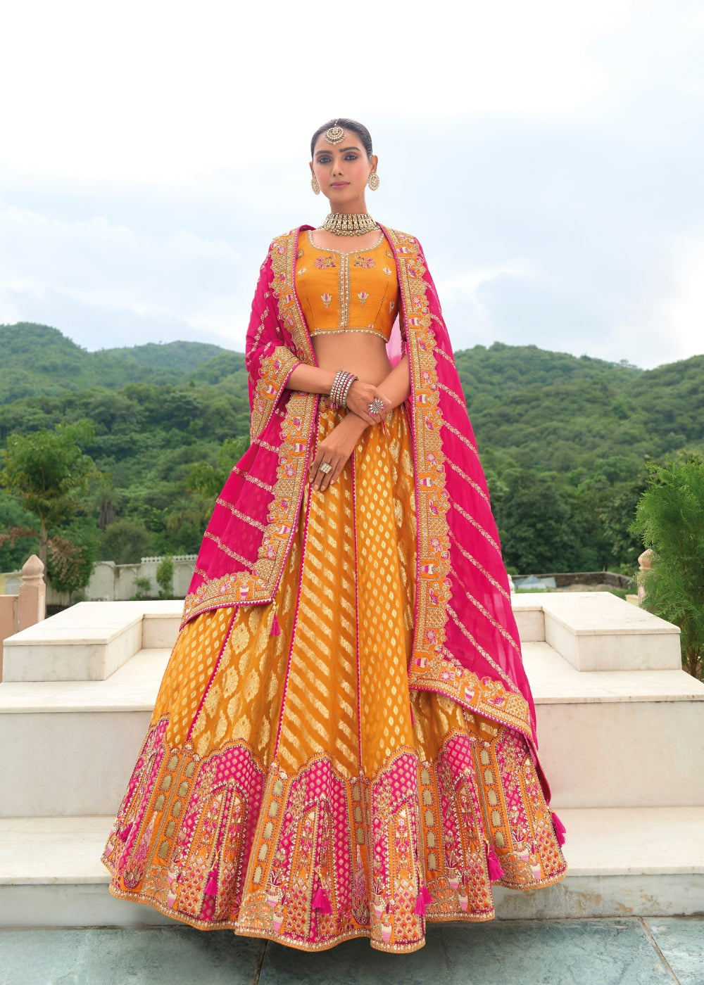 Marigold Yellow & Red Combo Heavy Silk Lehenga with Khatli Embroidery