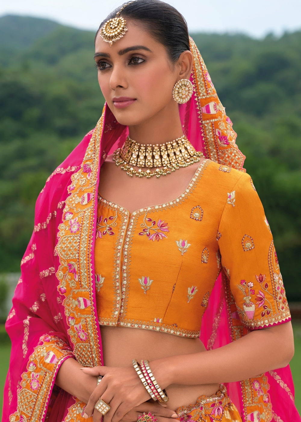 Marigold Yellow & Red Combo Heavy Silk Lehenga with Khatli Embroidery
