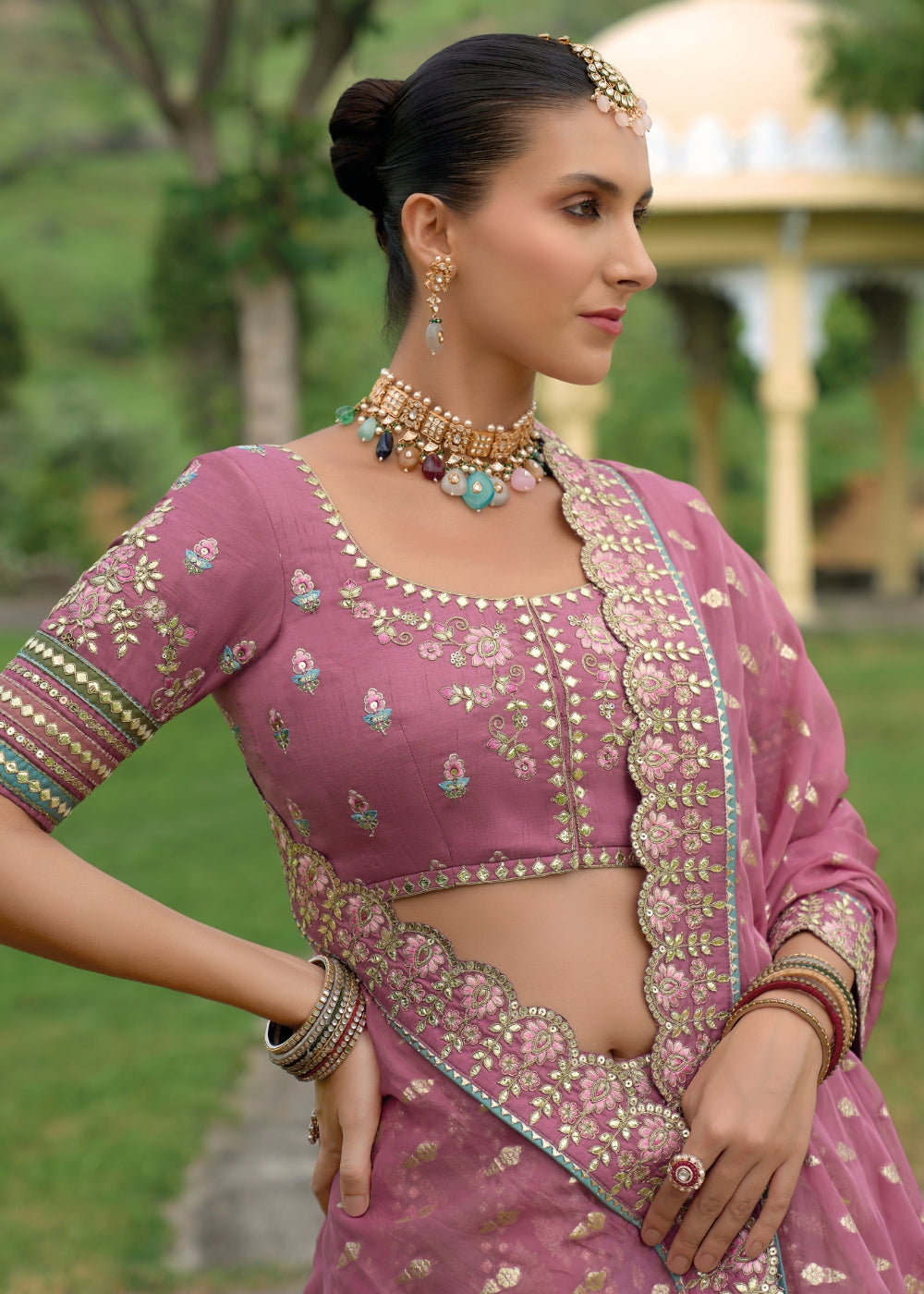 Dusty Rose Heavy Silk Bridal Lehenga with Khatli & Zari Embroidery (New Colour)