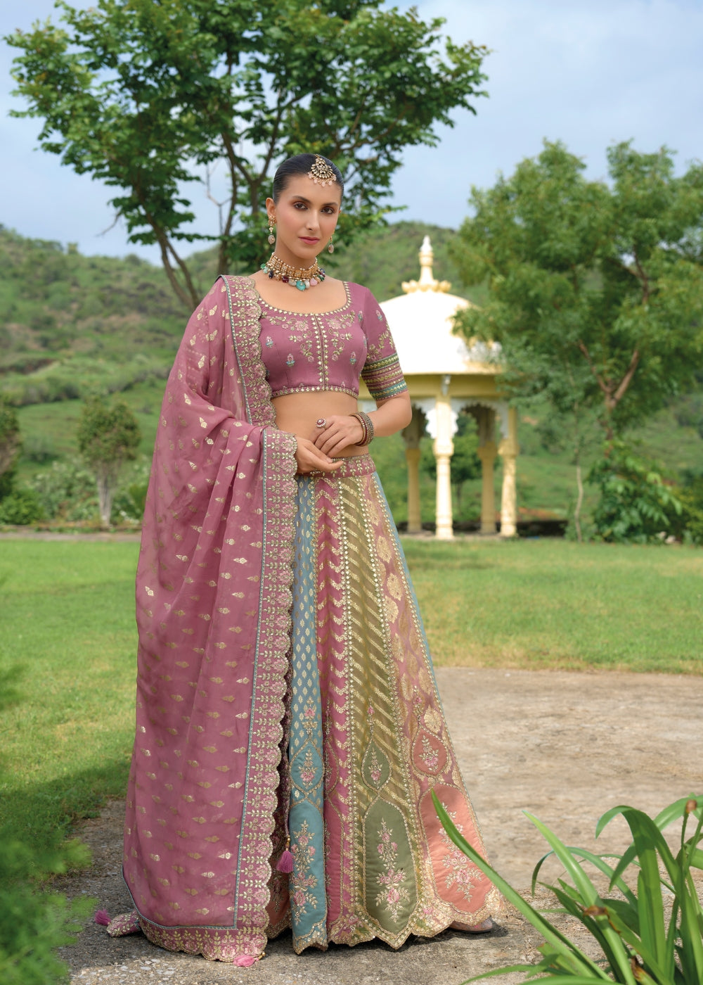Dusty Rose Heavy Silk Bridal Lehenga with Khatli & Zari Embroidery (New Colour)
