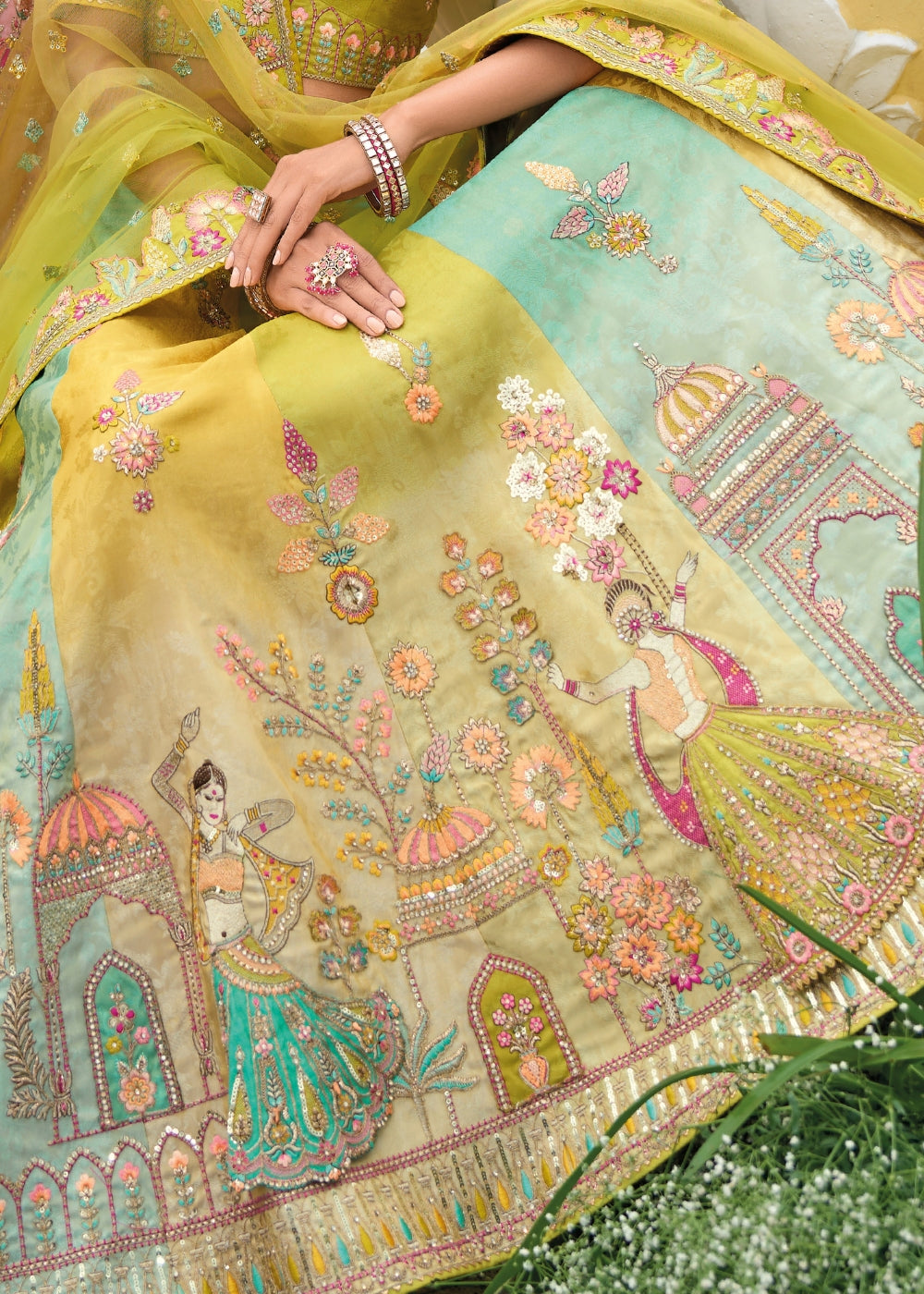 Pistachio Green Heavy Silk Bridal Lehenga with Khatli & Zari Embroidery