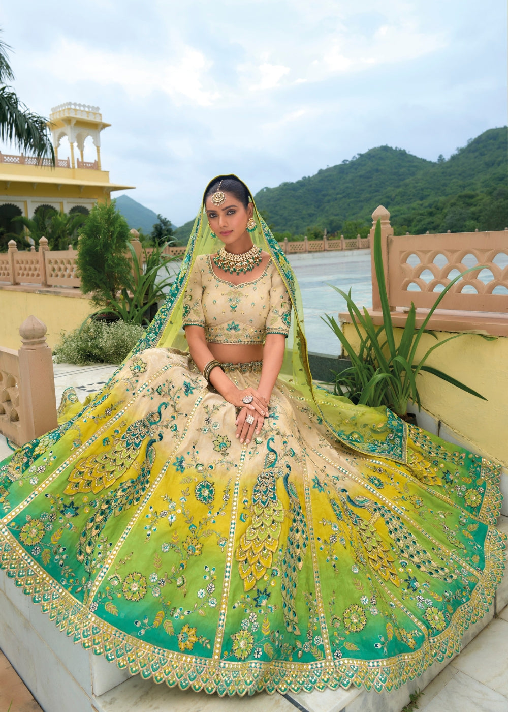 Sunshine Yellow with Blue Tones Heavy Silk Lehenga with Khatli Embroidery