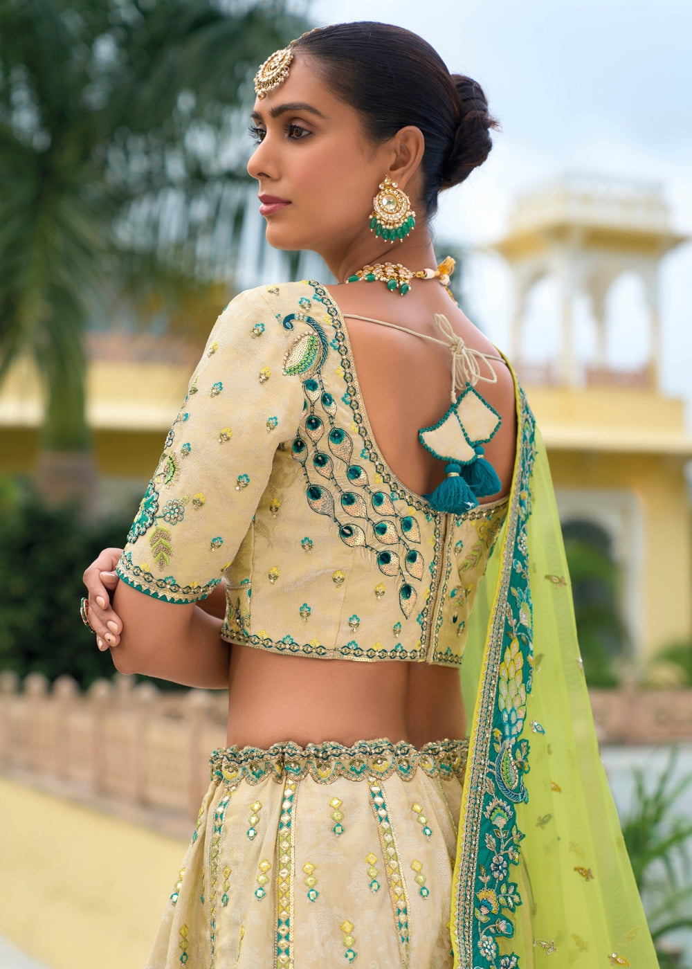 Sunshine Yellow with Blue Tones Heavy Silk Lehenga with Khatli Embroidery