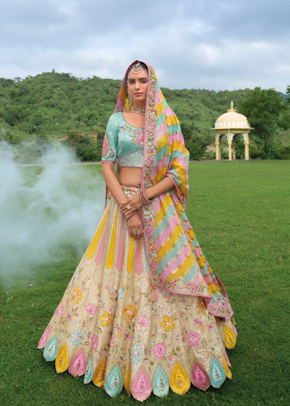 Ivory Beige & Multicolor Heavy Silk Lehenga with Khatli Embroidery