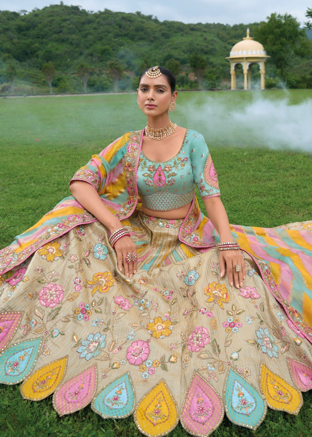 Ivory Beige & Multicolor Heavy Silk Lehenga with Khatli Embroidery