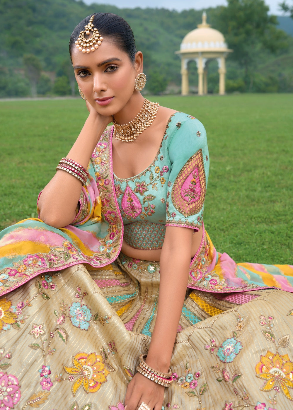 Ivory Beige & Multicolor Heavy Silk Lehenga with Khatli Embroidery