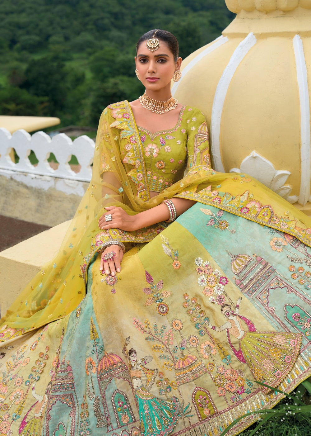 Pistachio Green Heavy Silk Bridal Lehenga with Khatli & Zari Embroidery