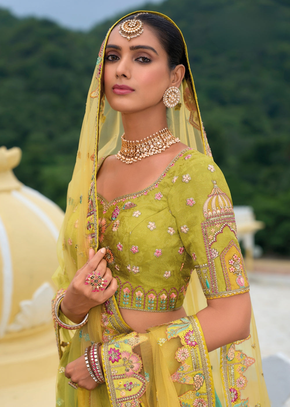 Pistachio Green Heavy Silk Bridal Lehenga with Khatli & Zari Embroidery