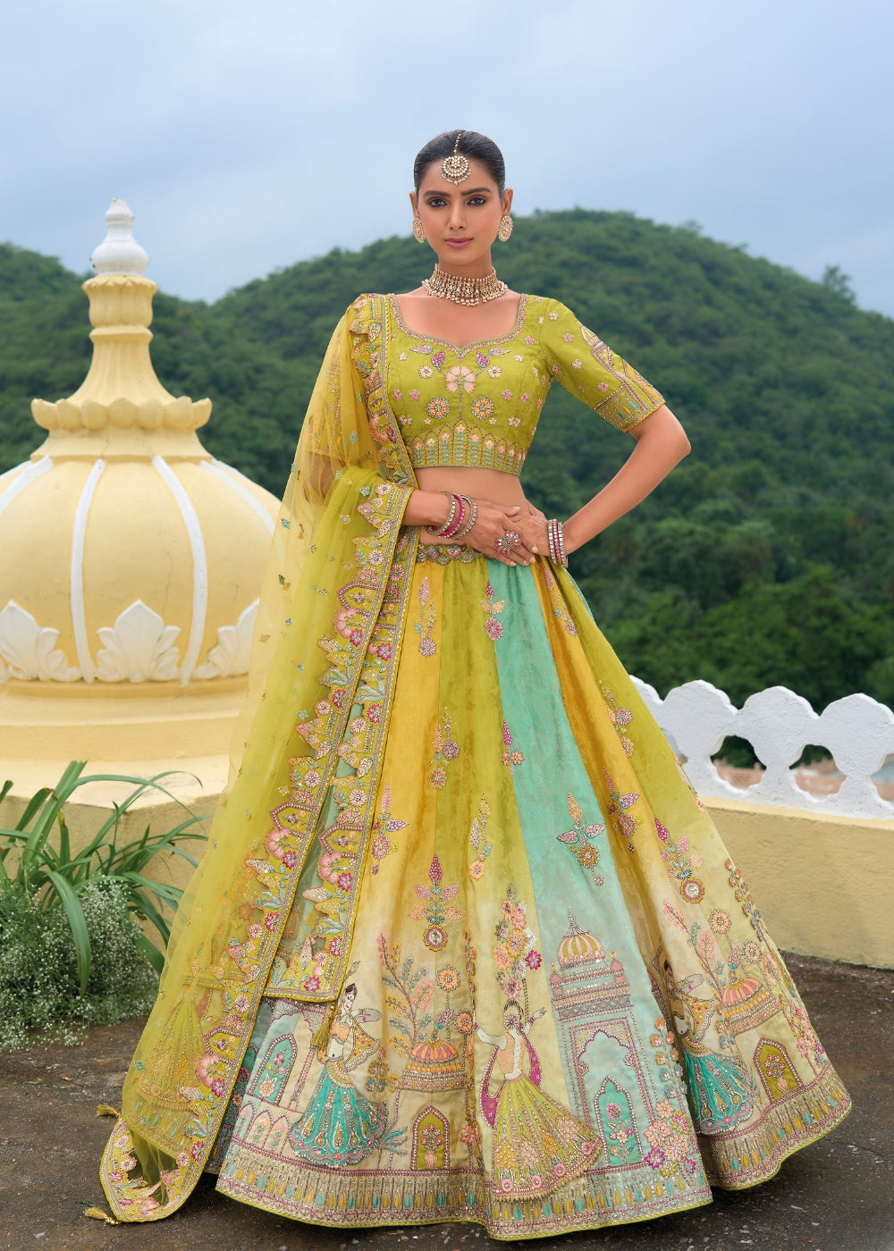 Pistachio Green Heavy Silk Bridal Lehenga with Khatli & Zari Embroidery