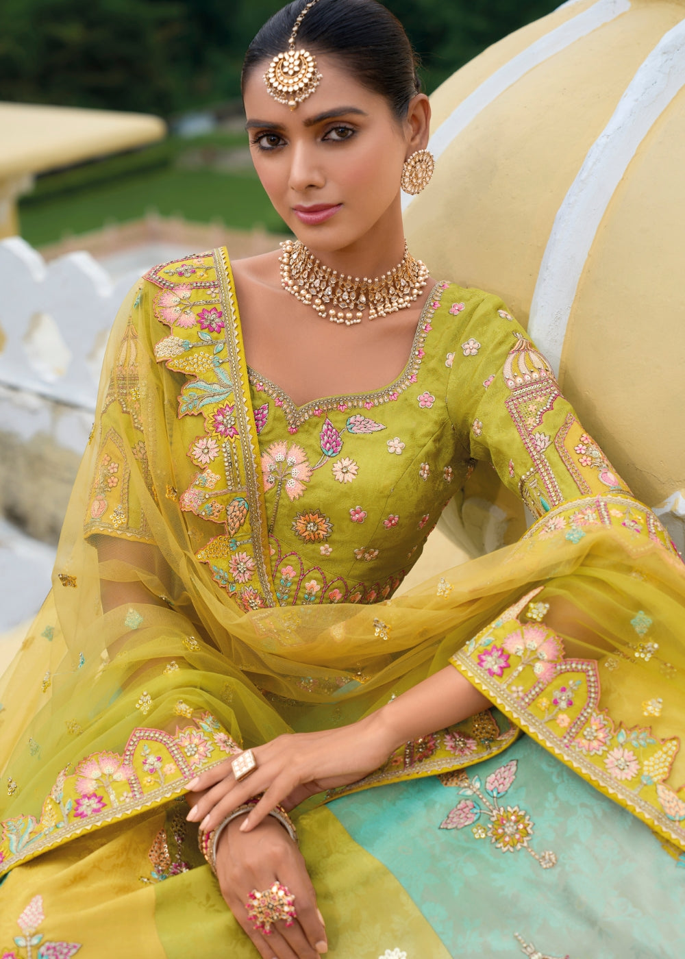 Pistachio Green Heavy Silk Bridal Lehenga with Khatli & Zari Embroidery