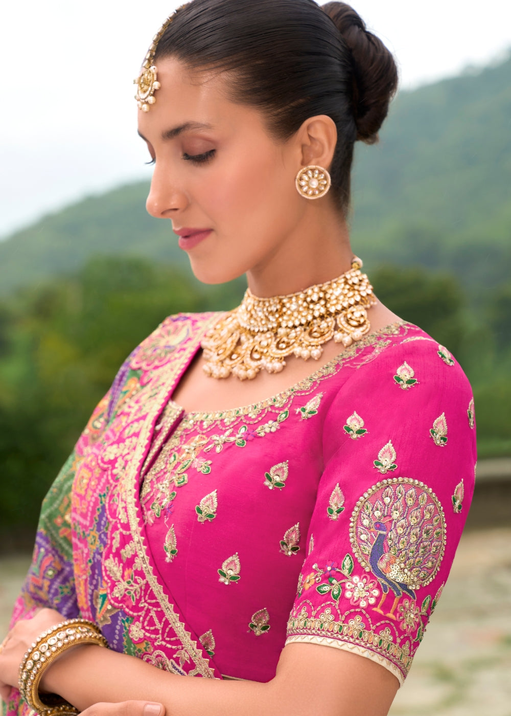 Cream & Fuchsia Heavy Silk Lehenga with Khatli Embroidery