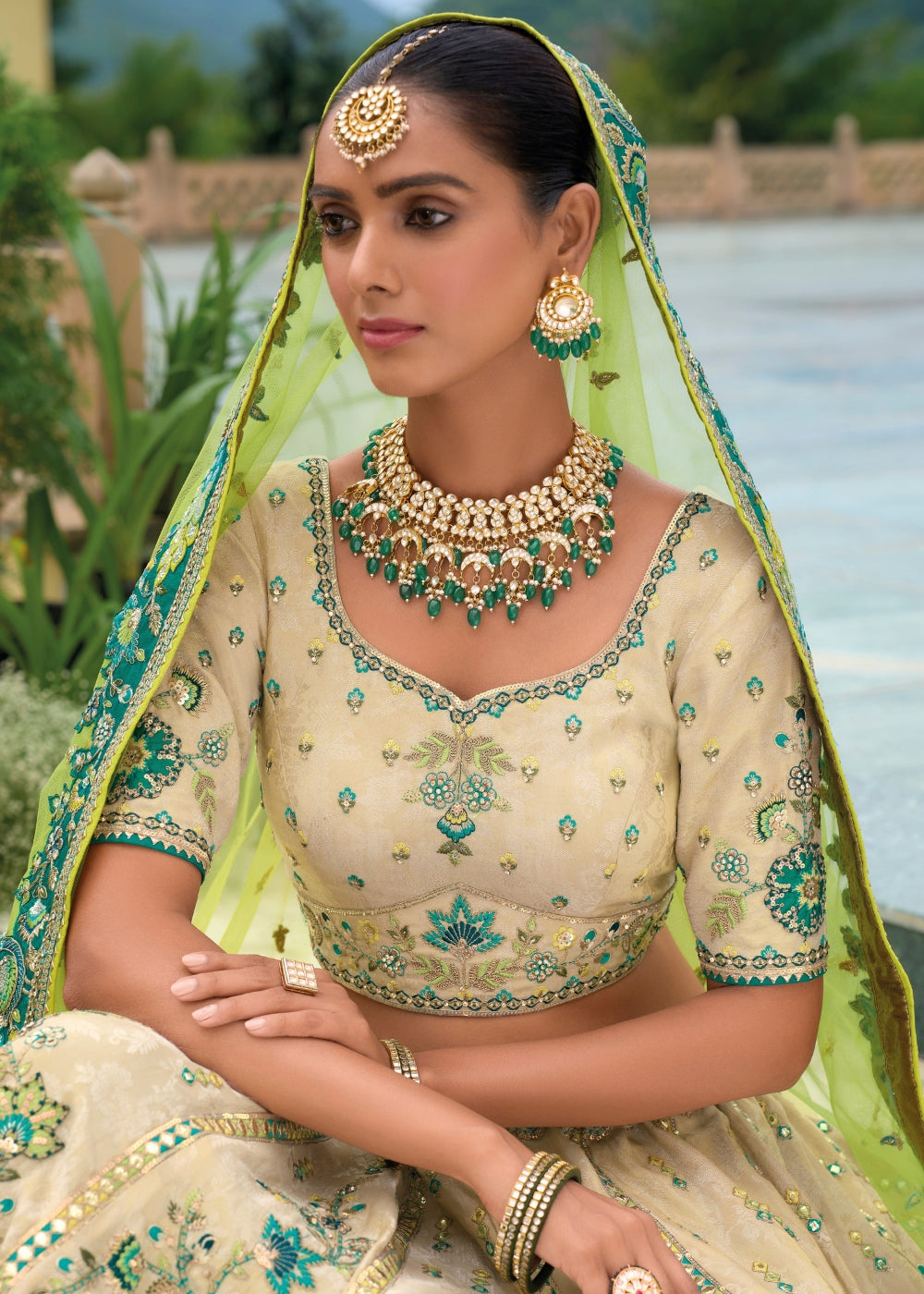 Sunshine Yellow with Blue Tones Heavy Silk Lehenga with Khatli Embroidery