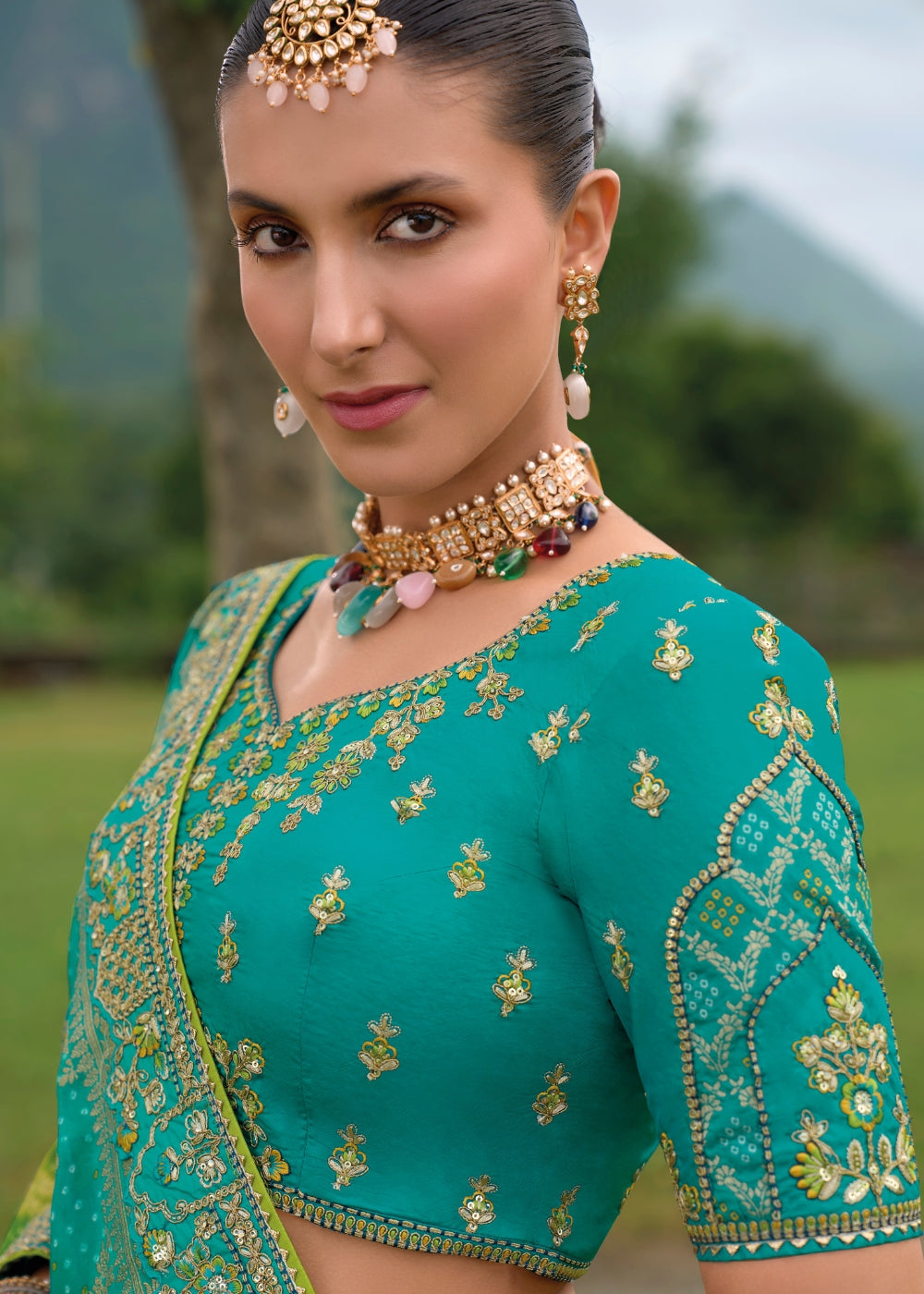 Aqua Blue Heavy Silk Lehenga with Khatli Embroidery
