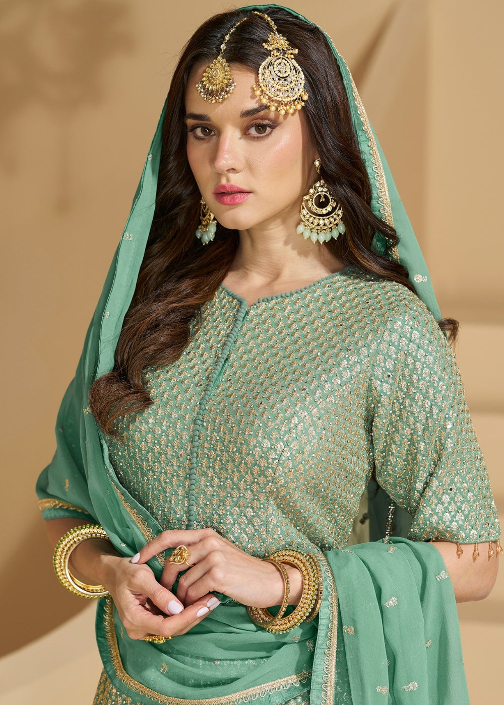 Mehka Mint Green Embroidered Georgette Lehenga Set