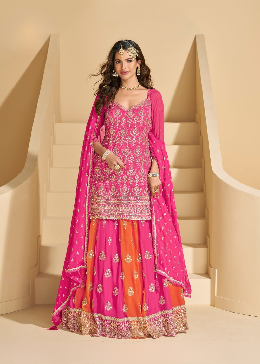GulRang Pink-Orange Dual Tone Embroidered Georgette Lehenga Set