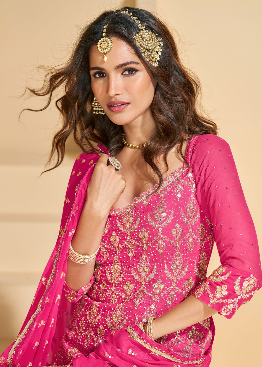 GulRang Pink-Orange Dual Tone Embroidered Georgette Lehenga Set