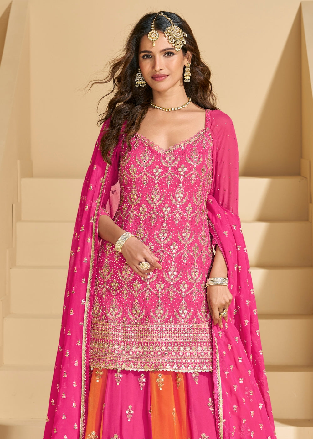 GulRang Pink-Orange Dual Tone Embroidered Georgette Lehenga Set