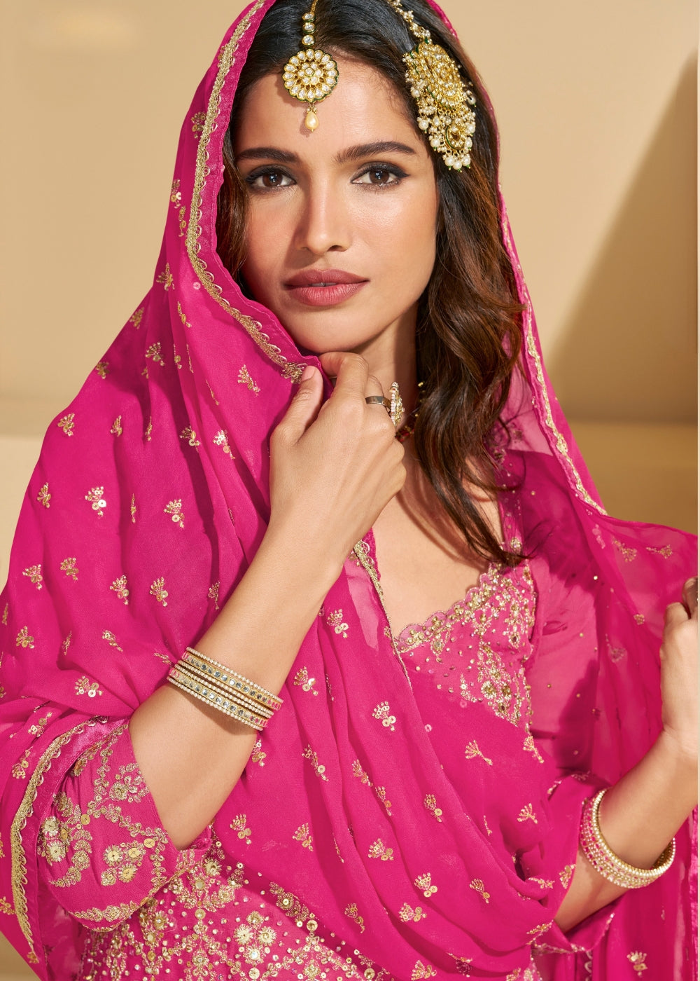 GulRang Pink-Orange Dual Tone Embroidered Georgette Lehenga Set