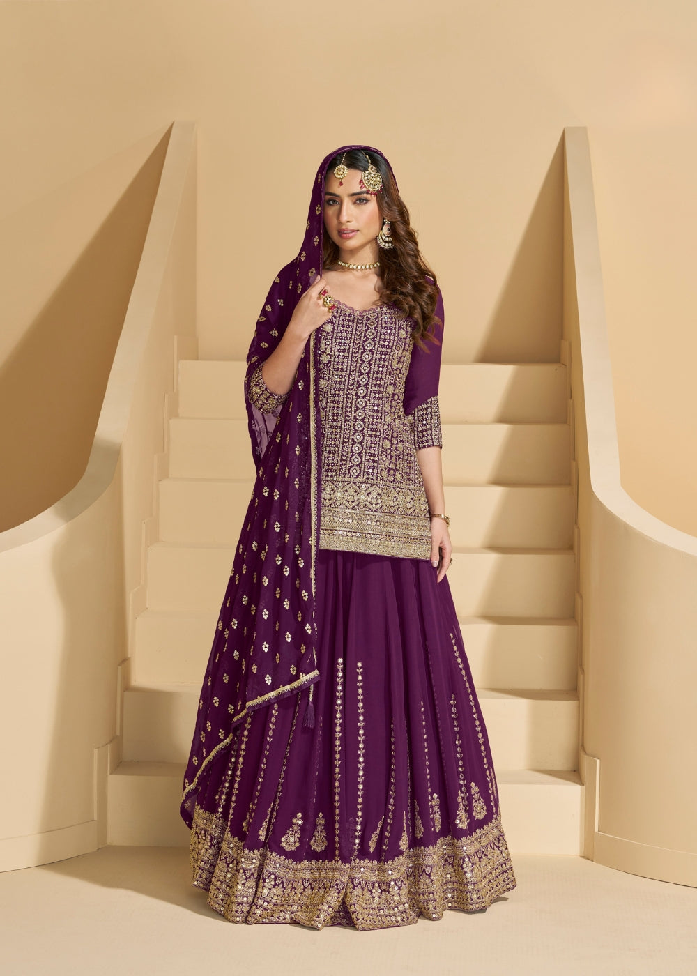 NeelKamala Royal Purple Embroidered Georgette Lehenga Set