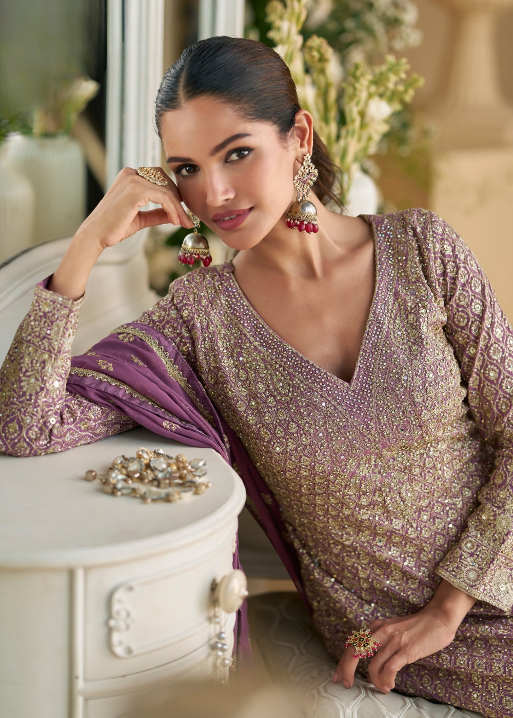 Royal Orchid Purple Designer Georgette Suit with Seroski Embroidery