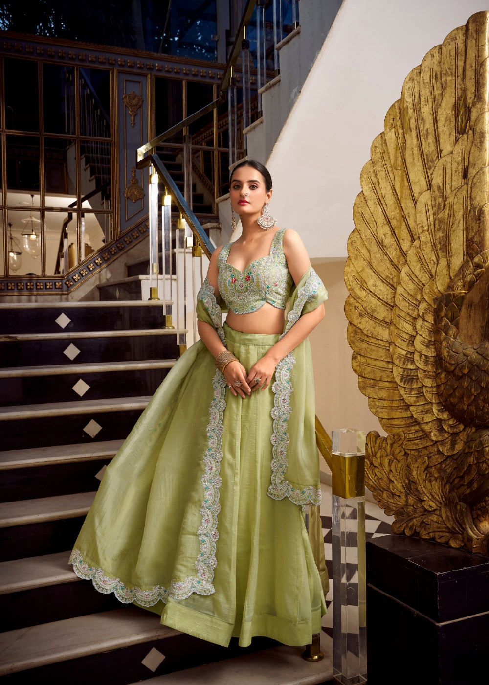 Harita-Keerti – Fresh Pistachio Green Silk Lehenga with Embellished Dupatta & Pearl Detailing