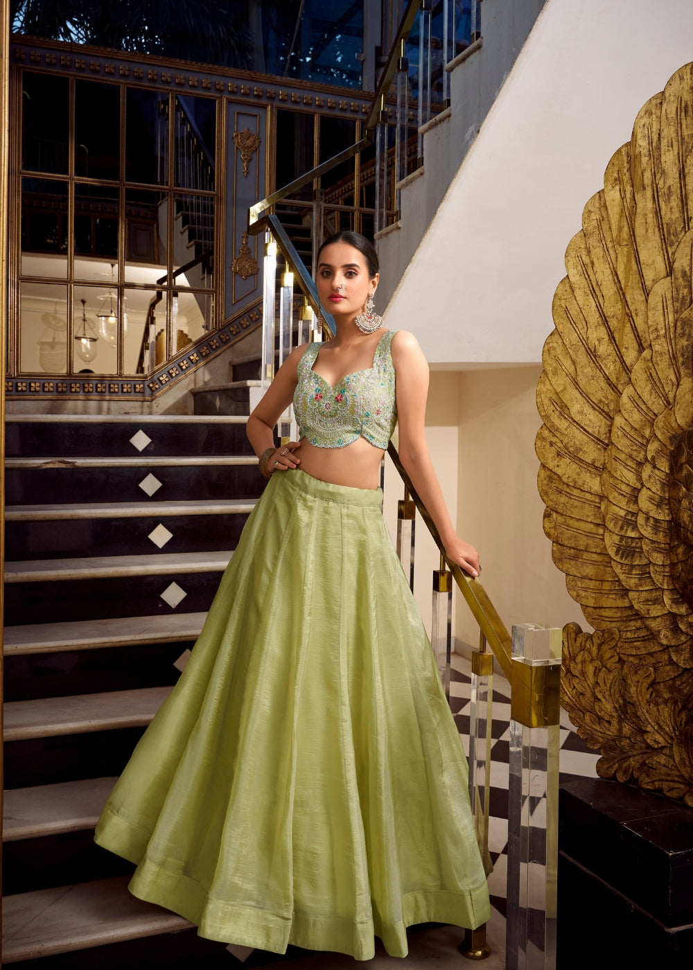 Harita-Keerti – Fresh Pistachio Green Silk Lehenga with Embellished Dupatta & Pearl Detailing