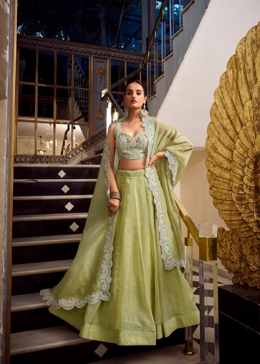 Harita-Keerti – Fresh Pistachio Green Silk Lehenga with Embellished Dupatta & Pearl Detailing