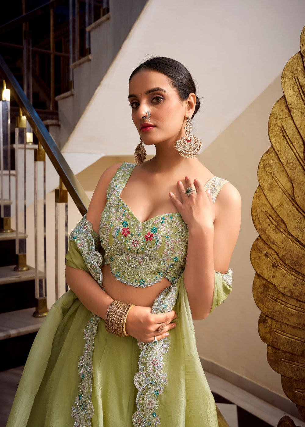 Harita-Keerti – Fresh Pistachio Green Silk Lehenga with Embellished Dupatta & Pearl Detailing