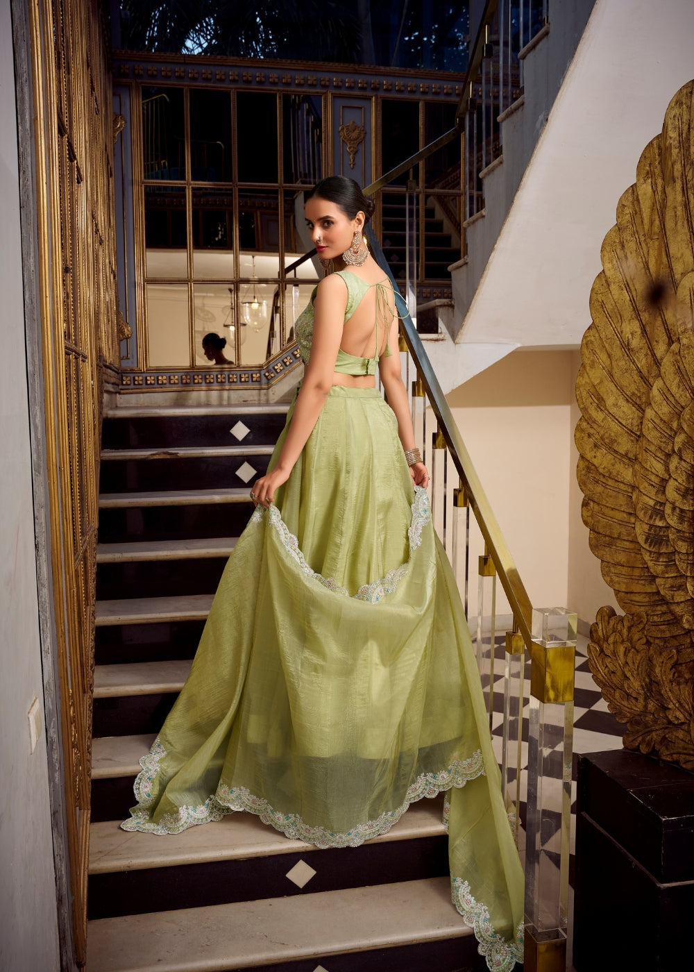 Harita-Keerti – Fresh Pistachio Green Silk Lehenga with Embellished Dupatta & Pearl Detailing