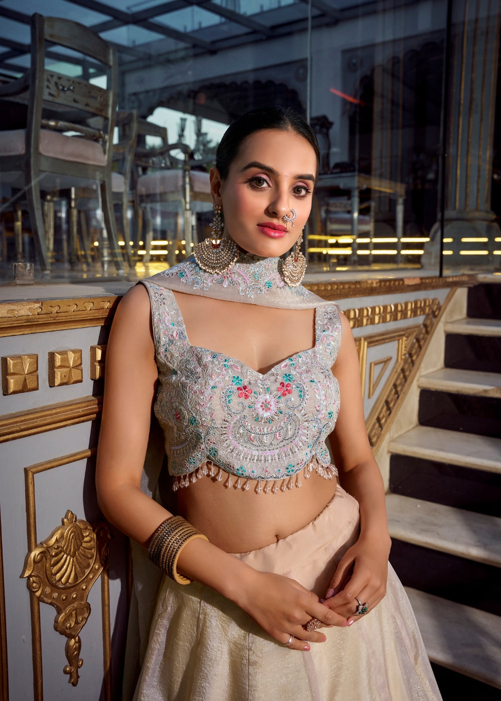 Shwet-Chandan – Ivory Gold Silk Lehenga with Handcrafted Threadwork & Organza Dupatta