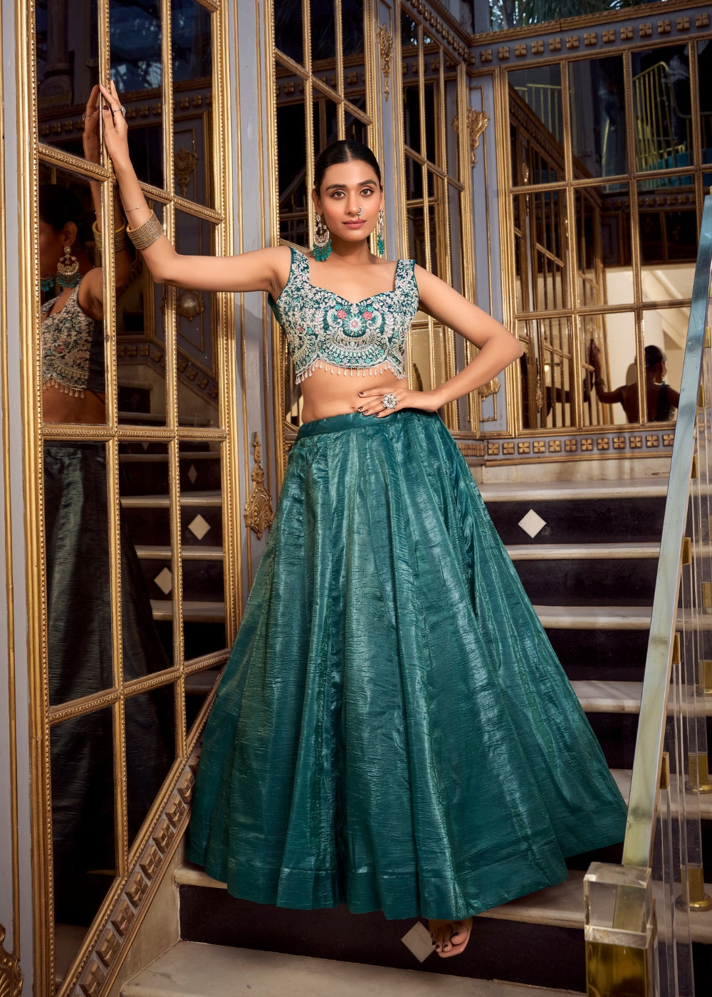Mayur-Neel Roha – Royal Peacock Teal Silk Lehenga with Designer Cutwork Blouse