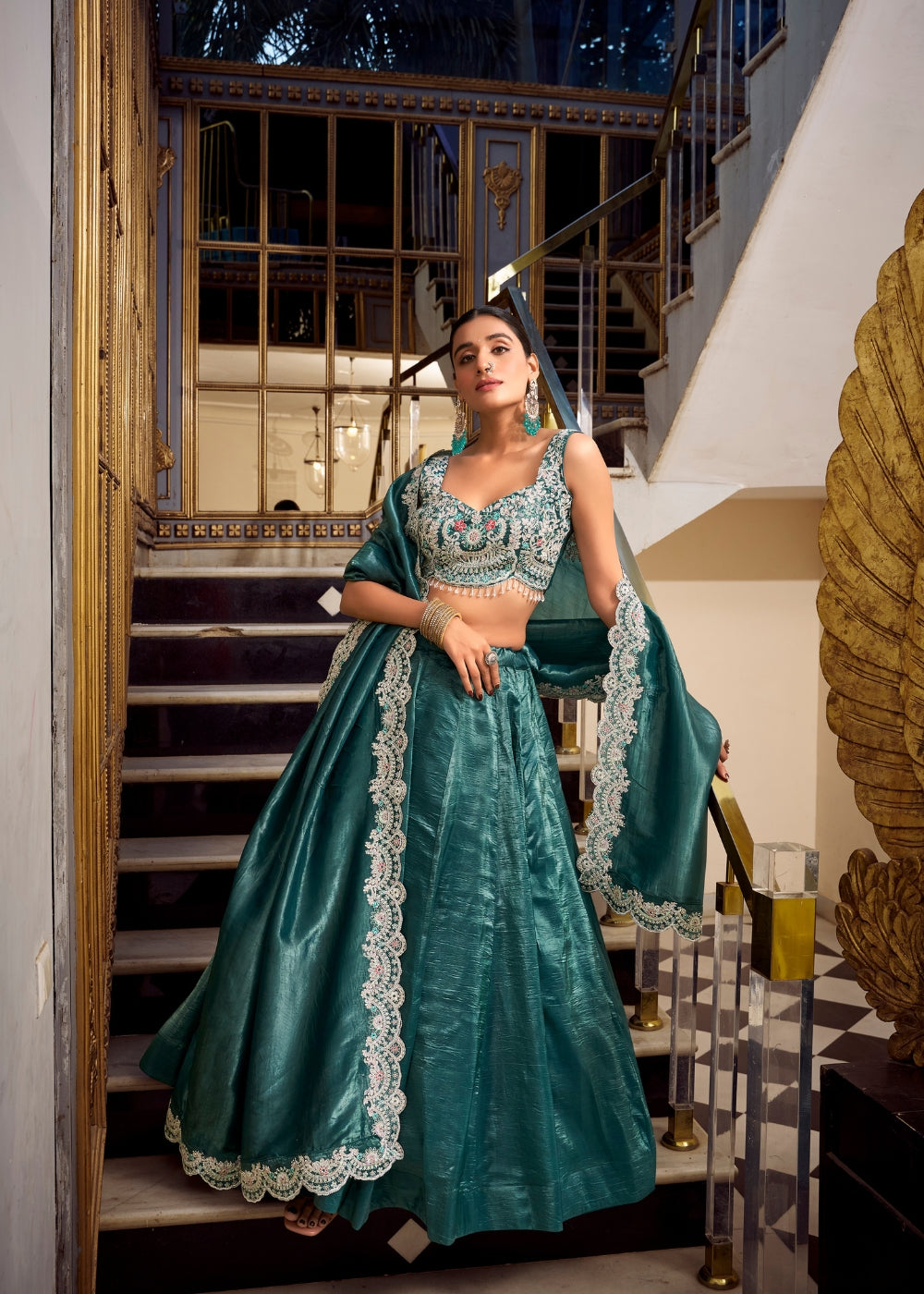 Mayur-Neel Roha – Royal Peacock Teal Silk Lehenga with Designer Cutwork Blouse