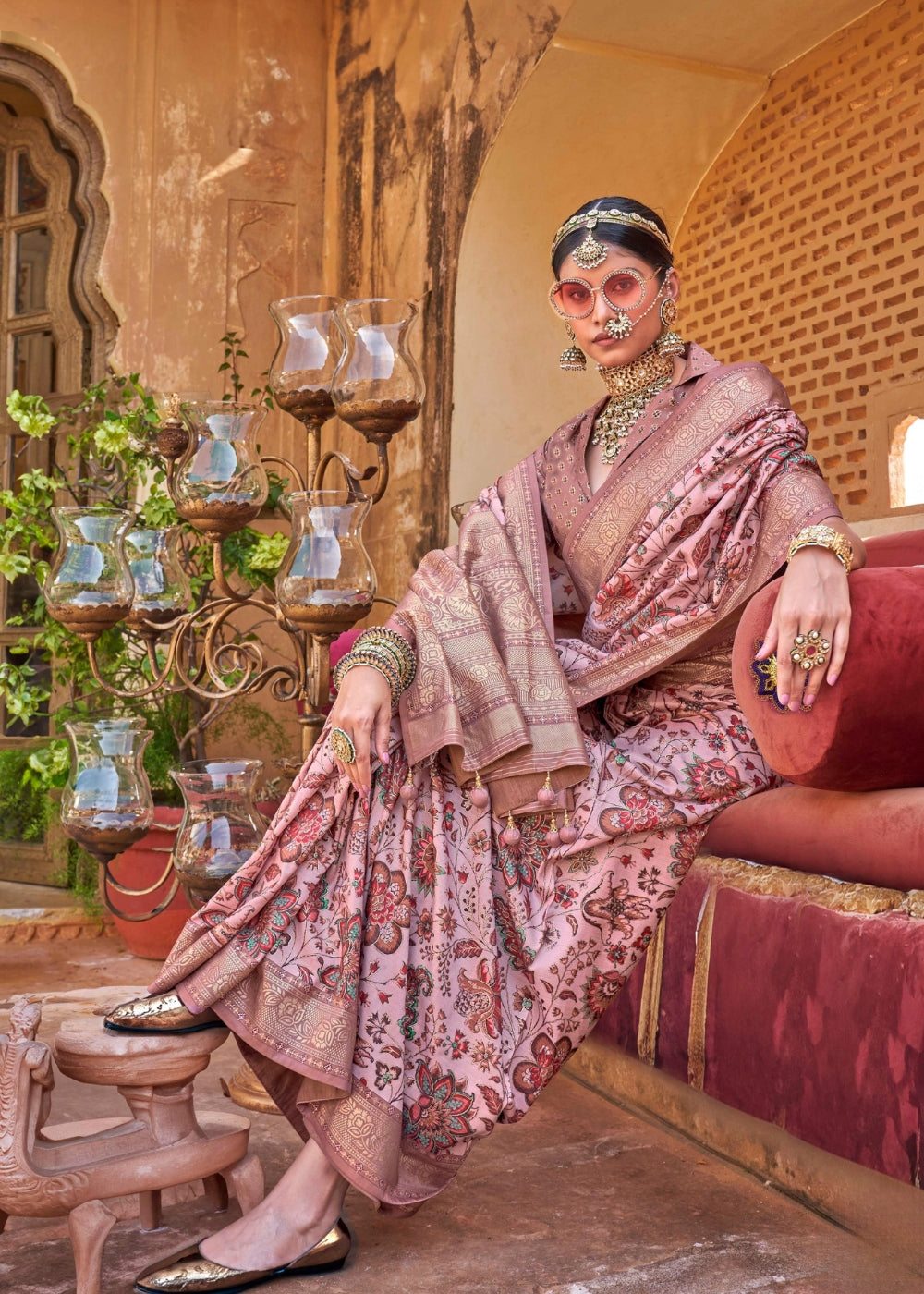 Vasudhara - Warm Beige Silk Saree with Floral XO Print – Sanskriti Wear