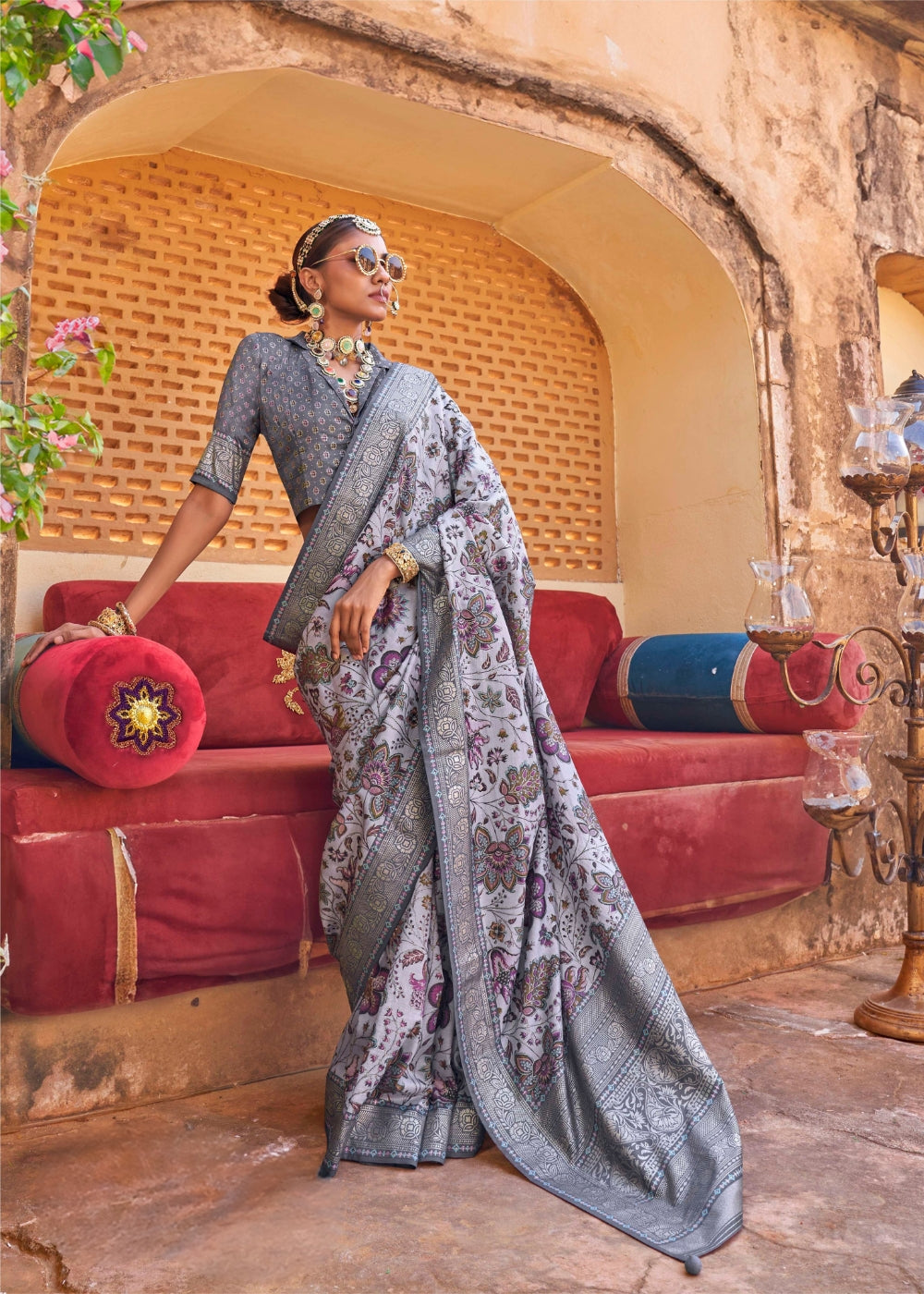 Shaarvani - Slate Grey Silk Saree with Floral XO Print – Sanskriti Wear